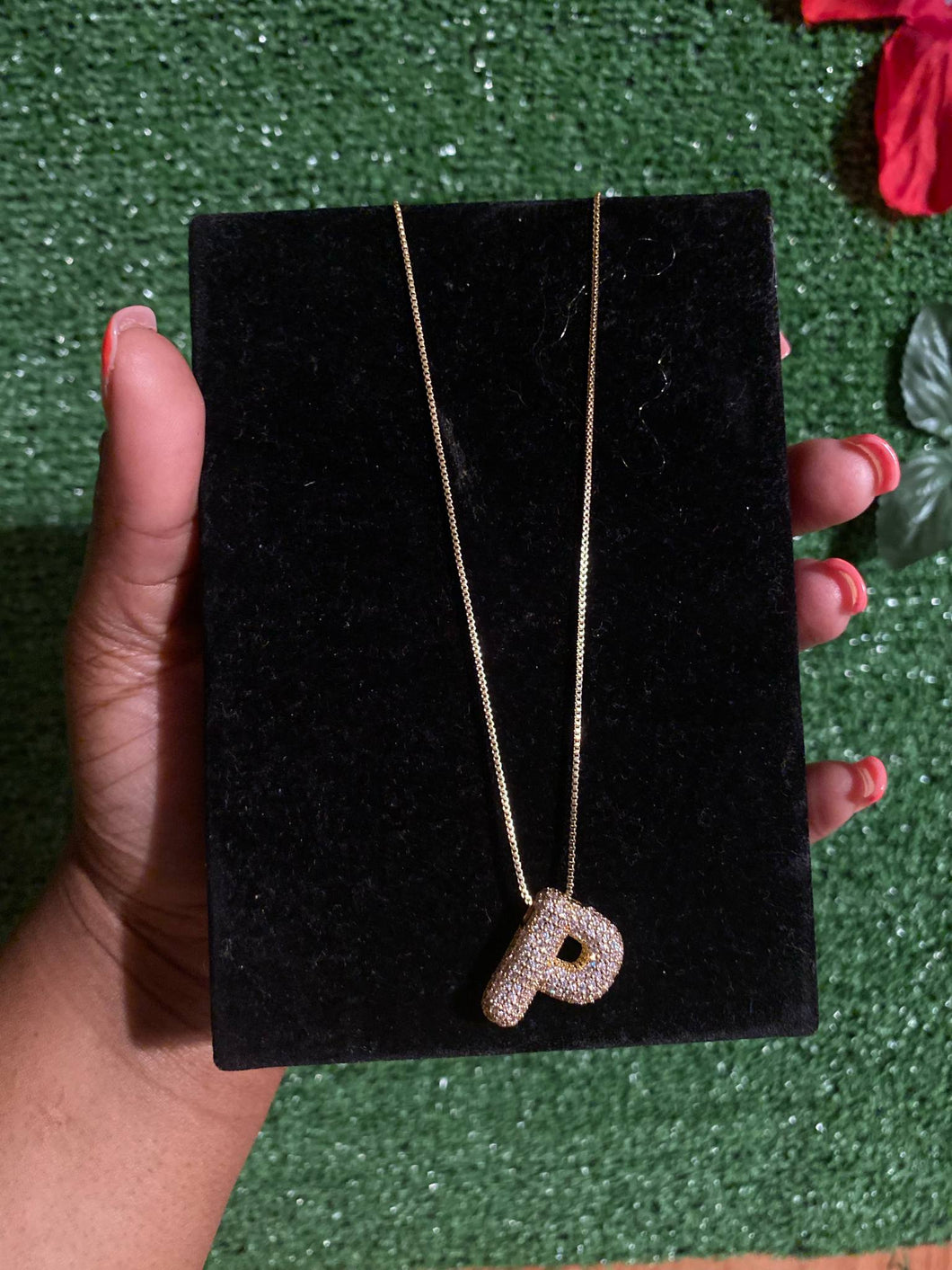 Letter P Initial Pave Rhinestone Bubble Balloon Necklace Gold