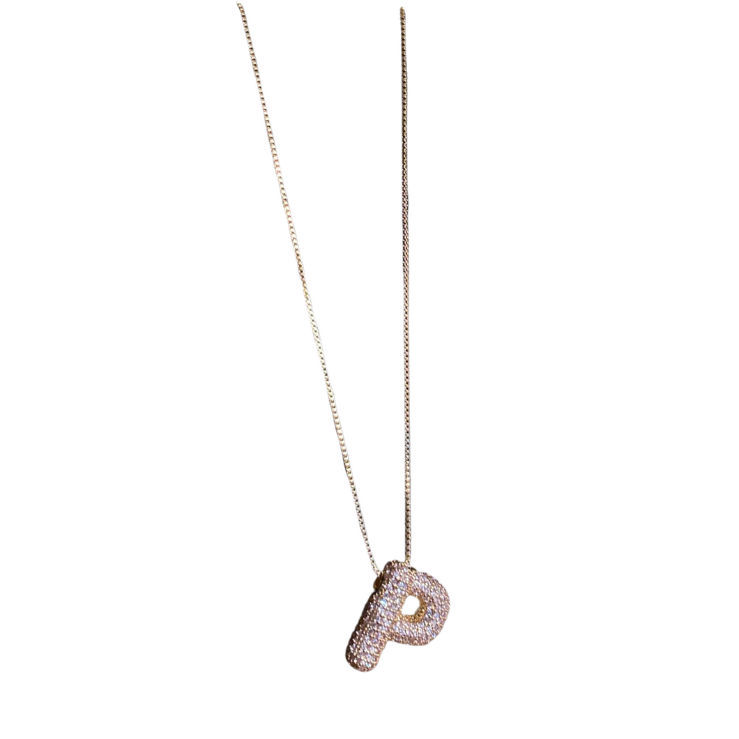 Letter P Initial Pave Rhinestone Bubble Balloon Necklace Gold