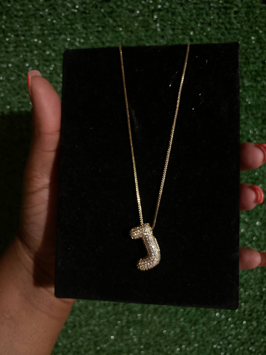 Letter J Initial Pave Rhinestone Bubble Balloon Necklace Gold
